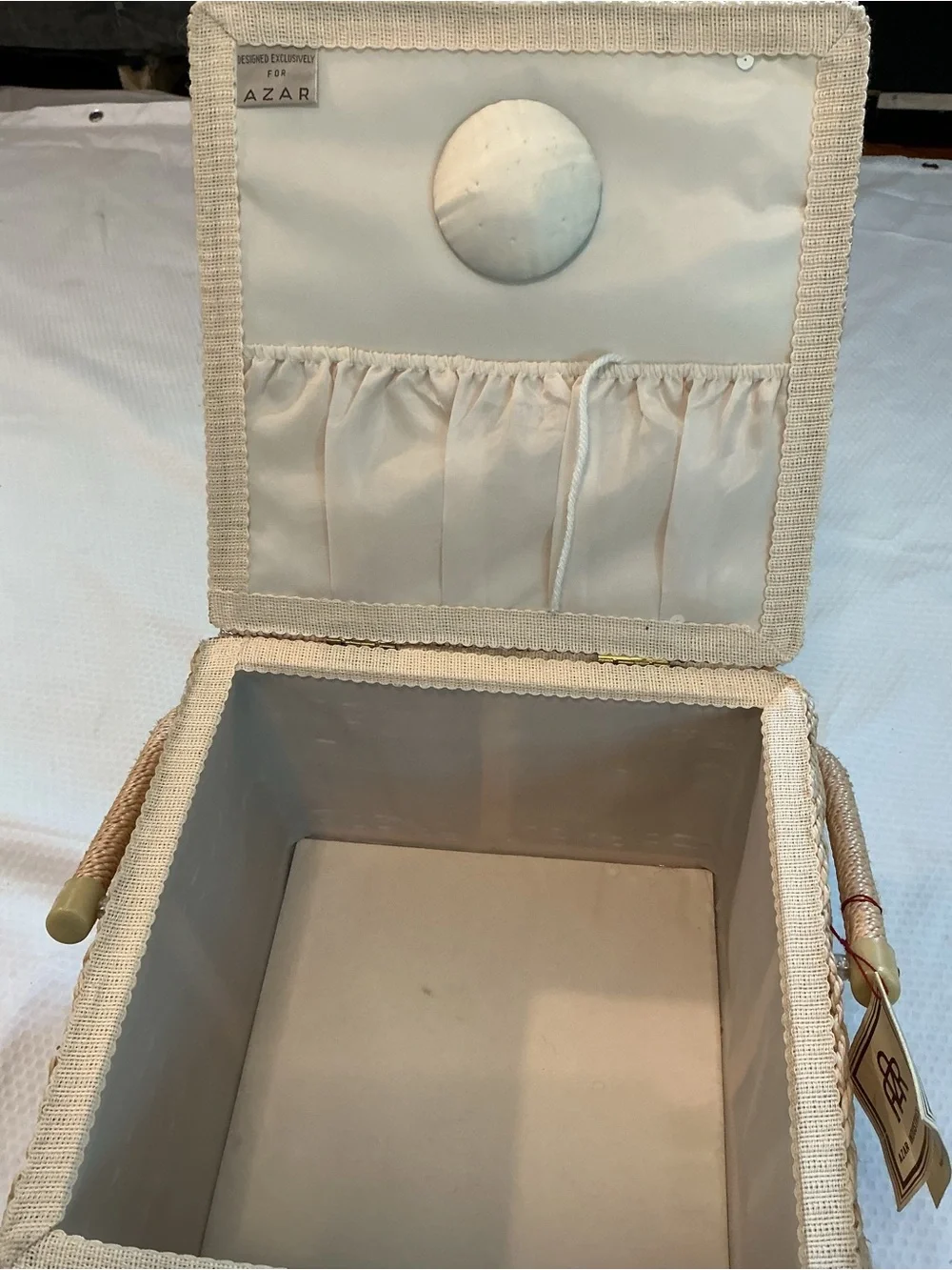 Woven Floral Needlepoint Sewing Basket in Cream and Pink